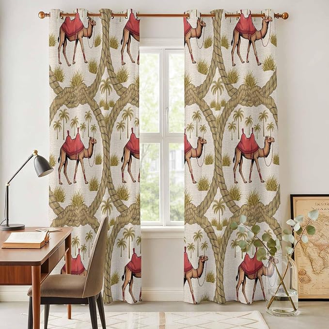 2 Panel Kitchen Cafe Curtains, Camels Palm Trees Sunlight Filtering Nature Air - Image 4
