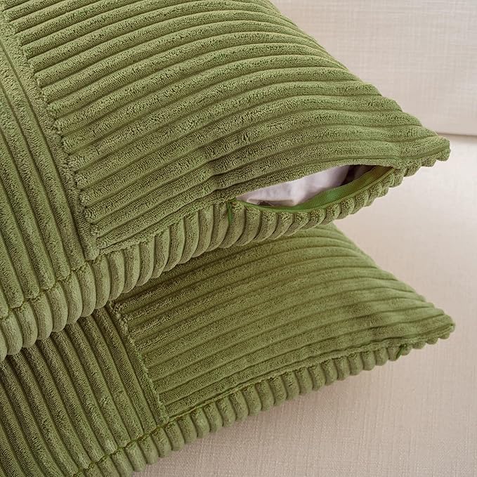 Fancy Homi 2 Packs Moss Green Lumbar Decorative Throw Pillow Covers 16x26 Inch for Living Room Couch Bed, Farmhouse Boho Home Decor, Soft Striped Corduroy Rectangle Accent Cushion Case 65x40 cm