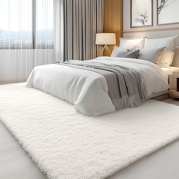 OLANLY 7x10 Machine Washable Large Area Rugs for Living Room, Bedroom, Soft Fluffy Shaggy Bedside Rug, Indoor Floor Carpet for Kids Girls and Boys, Dorms, Nursery, Home Decor Aesthetic, Ivory