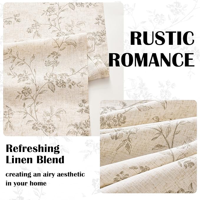 Lazzzy Grey Floral Linen Curtains 96 Inch Farmhouse Back Tab Drapes for Living Room Bedroom Light Filtering Vintage Grandmillennial Rod Pocket Curtains, 2 Panels, W38 x L96, Grey on Beige