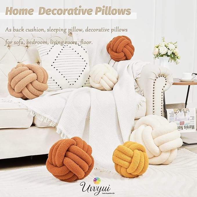 Uvvyui Knot Pillow Ball, Soft Home Decorative Pillows, Round Throw Pillow, Handmade Knotted Plush Pillow, Round Boucle Pillow Cushion (14 Inches Burgundy)
