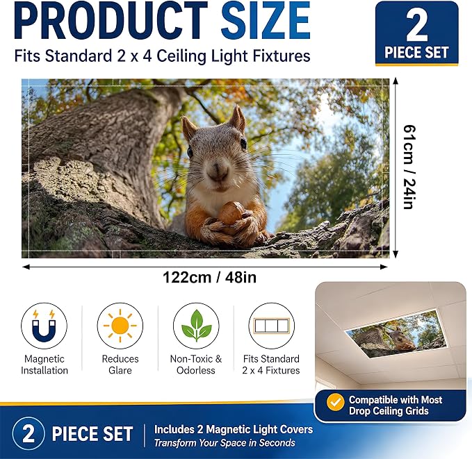 2 Pack Squirrel Eating Nut Decorative Ceiling Light Covers, Magnetic 4x2 Ft - Image 2