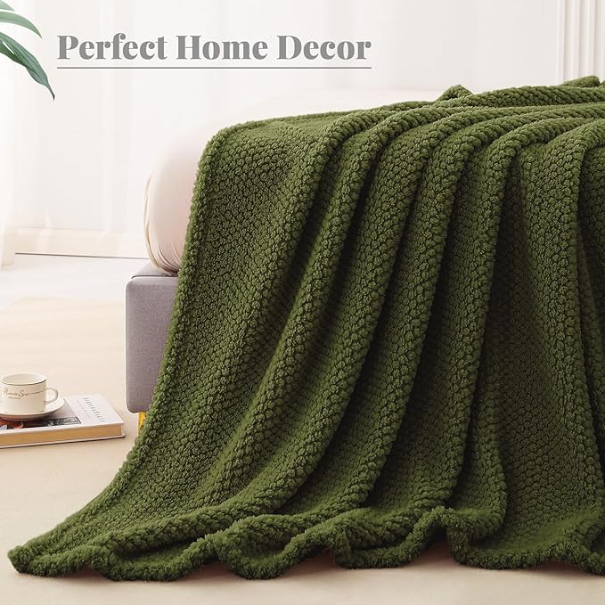 Whale Flotilla Queen Size Fuzzy Fleece Blanket, Fluffy Warm Soft Jacquard Bed Blankets for All Season, Lightweight and Cozy, 90x90 Inch, Olive