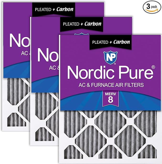 Nordic Pure 18x25x1 Pleated MERV 8 Plus Carbon Air Filters 3 Pack | Actual by NordicPure