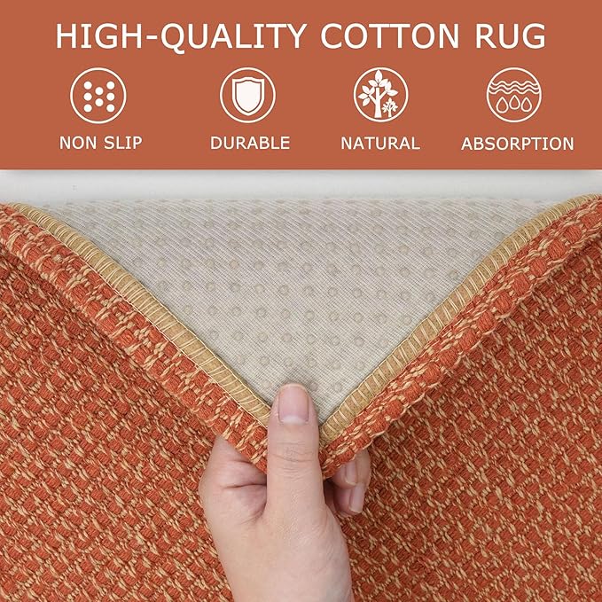 KOZYFLY Rugs for Entryway 3x5 ft Washable Area Rug Non Slip Rubber Backed Entry Rug Woven Indoor Door Mat Cotton Kitchen Rugs Floor Carpet for Entryway, Foyer, Backdoor, Orange/Tan