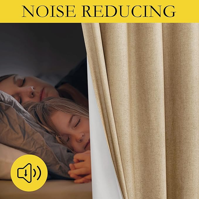 NICETOWN 100% Absolutely Blackout Linen Curtains with Thermal Insulated White Liner, Camel, W34 x L90, 2 Panels, Long Curtains 90 inch Length for Patio Door, Doorway, Office, Overnight Shiftworker