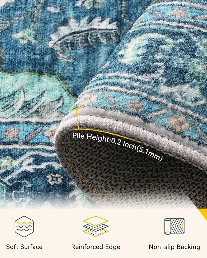 Area Rugs 8'x10' Washable Non-Slip, Floral Vintage Distress Print Pattern Medallion Carpet for Living Room Bedroom Dining Room, Teal Green Lake Blue Turquoise