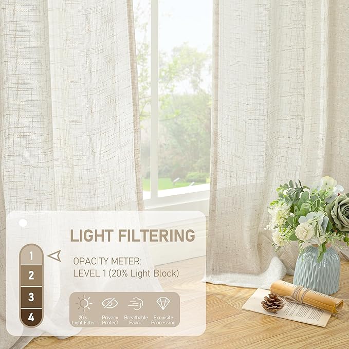 LAMIT Natural Linen Semi Sheer Curtains 80 Inch Length, Light Filtering Neutral Window Curtains Farmhouse Boho Back Tab and Rod Pocket Panels, Natural Cream Ivory, 2 Panels, 52 x 80 Inch
