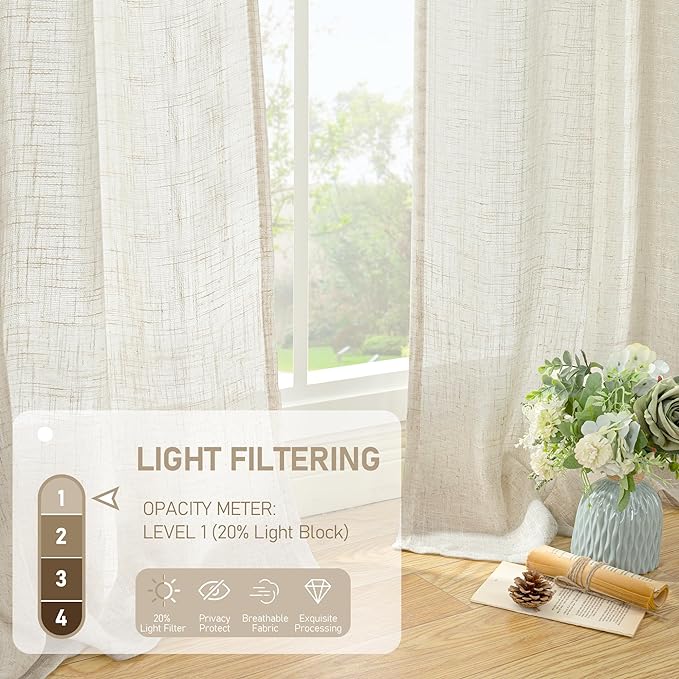 LAMIT Natural Semi Sheer Linen Curtains 60 Inch, Light Filtering Neutral Window Panels Farmhouse Boho Back Tab and Rod Pocket Drapes for Bedroom, Cream Ivory, 2 Panels, 52 x 60 Inch