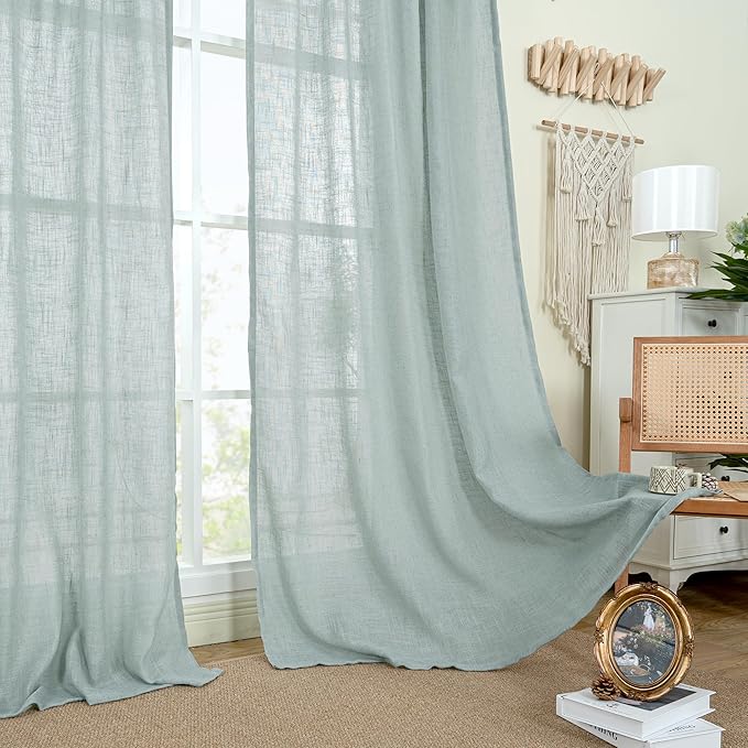 LAMIT Short Linen Curtains 40 Inch Length, Semi Sheer Light Filtering Panels Back Tab and Rod Pocket Neutral Drapes for Basement/Window/Loft Room, Greyish Blue, 34 x 40 Inch, 2 Panels