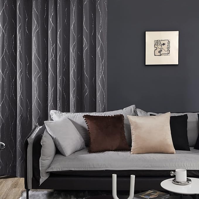Deconovo Grey Blackout Curtains for Bedroom, Thermal Insulated Soundproof Drapes, Wave Dots Foil Print, 42 x 63 Inches Long, 2 Panels, Machine‑Washable Privacy Window Panel for Living Room Kitchen