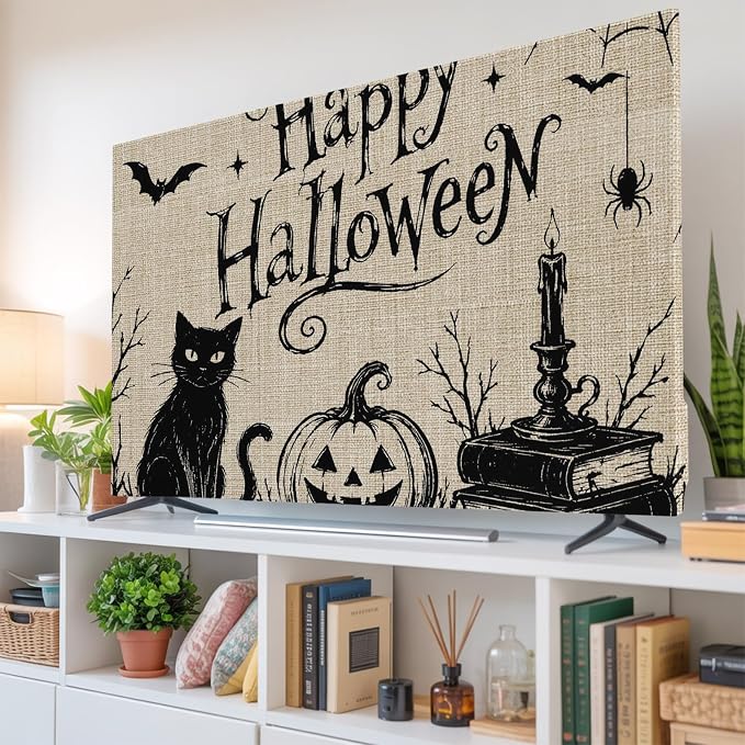 Happy Halloween Black Cat Smile Pumpkins Indoor TV Cover, Elastic TV Screen - Image 6
