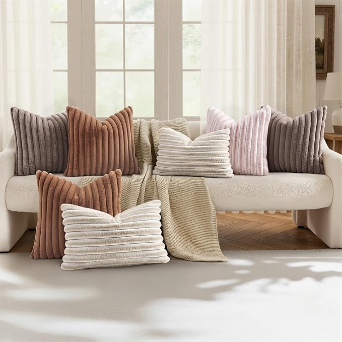 decorUhome Summer Cozy Faux Fur Throw Pillow Covers 12x20 Set of 2 Decorative Soft Plush Striped Lumbar Modern Farmhouse Boho Couch Pillow Cases with Velvet Back for Sofa Bed Living Room, Pink White