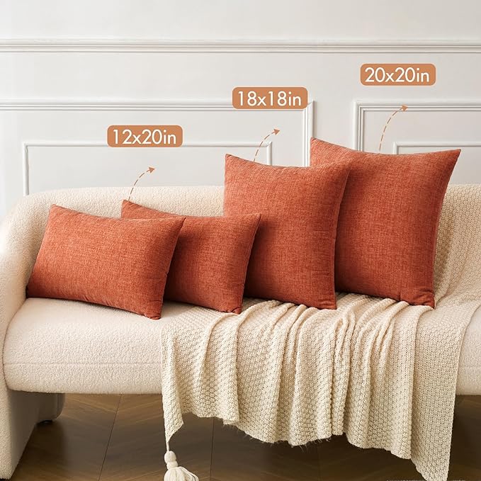 MIULEE Pack of 2 Couch Throw Pillow Covers 18x18 Inch Soft Burnt Orange Chenille Pillow Covers for Sofa Living Room Solid Dyed Pillow Cases
