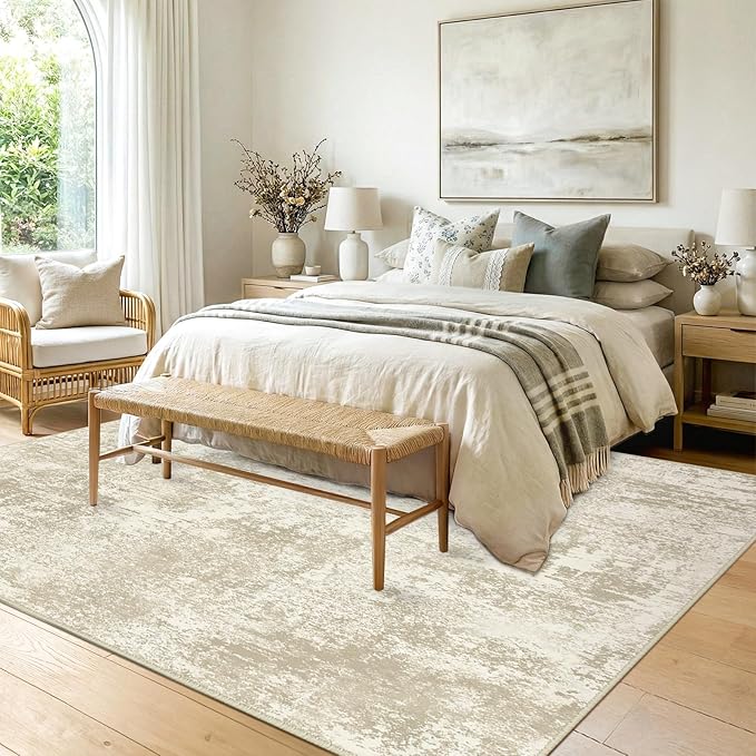 Washable Area Rugs 9'x12' Non-Slip Modern Abstract Soft for Living Room Entryway Bedroom Nursery, Print Pattern, Beige Cream Brown