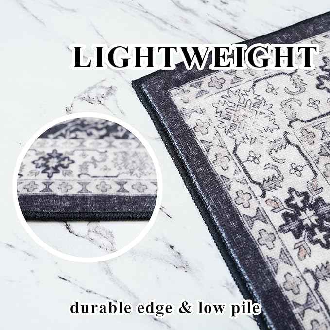 Hallway Washable Runner Rug - 3x6 Kitchen Rugs Entryway Rug Runner Vintage Soft Floor Mat Non Slip Indoor Farmhouse Carpet for Bathroom Living Room Bedroom (3 X 6, Black)