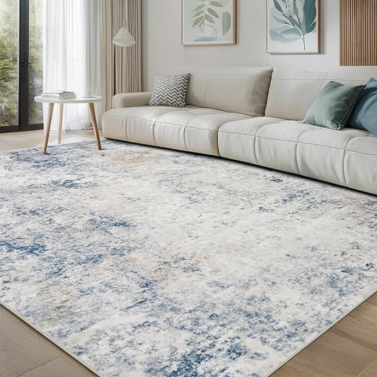 Washable Rugs 8x10 Area Rugs for Living Room,Modern Abstract Rugs for Bedroom,Large Carpets,Ultra Soft Faux Wool Retro Dining Room Rug,Non Slip&Non-Shedding Low Pile Print Rug- Blue Beige