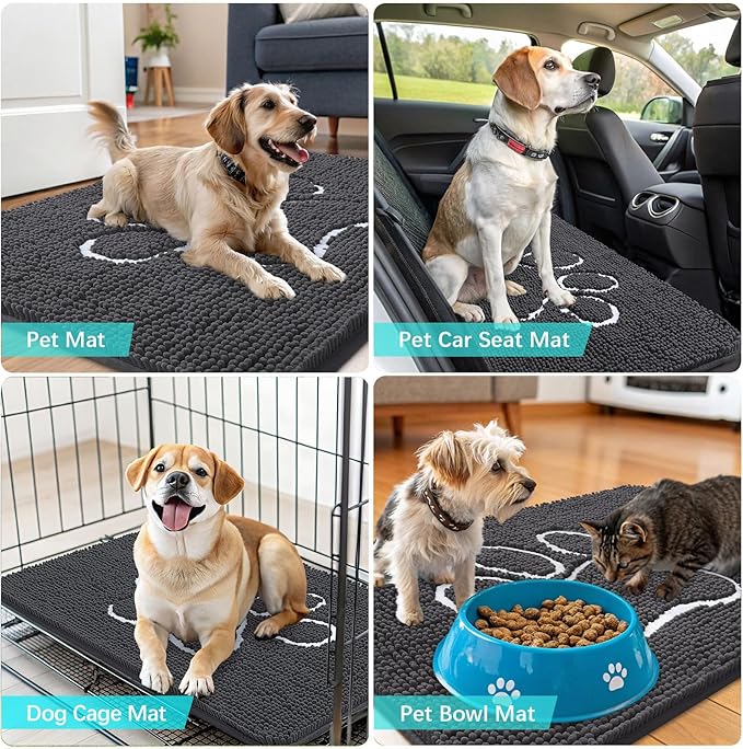OLANLY Dog Door Mat for Muddy Paws 54x24, Paw Print Design, Absorbs Moisture and Dirt, Absorbent Non-Slip Washable Doormat, Quick Dry Chenille Mud Mat for Dogs, Entry Indoor Entryway Carpet, Dark Grey