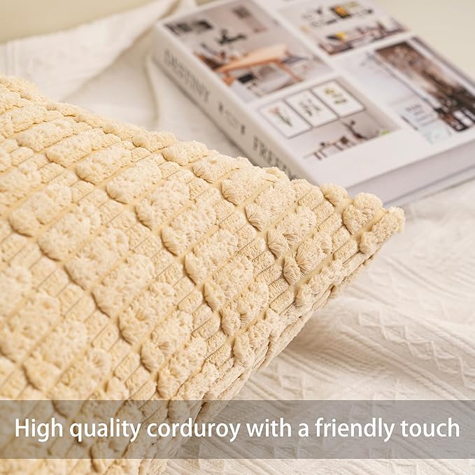 Pack of 2 Corduroy Decorative Throw Pillow Covers 12x20 Inch Soft Striped Pillow Covers Modern Farmhouse Home Decor for Sofa Living Room Couch Bed（Light Brown）