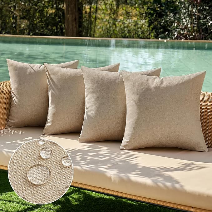 MIULEE Pack of 4 Decorative Outdoor Throw Pillow Covers Linen Waterproof Pillow Covers Farmhouse Cushion Cases for Patio Garden Tent Balcony Couch Sofa 18x18 inch Light Tan