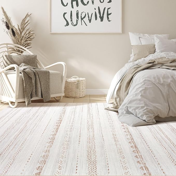 Nakagishi 10x12 Area Rug Living Room: Washable Boho Large Neutral Modern Soft Stain Resistant Farmhouse Indoor Floor Rug Non Slip Accent Carpet for Bedroom Nursery Kids Playroom Office- Brown