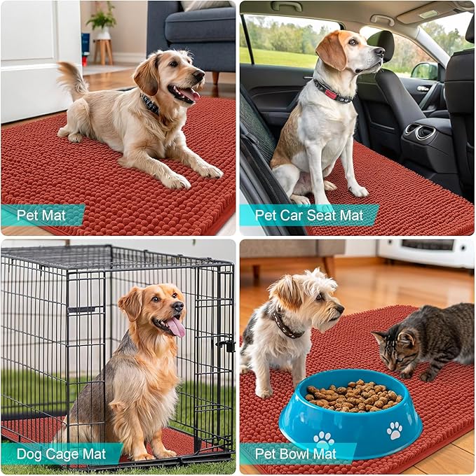 OLANLY Dog Door Mat for Muddy Paws 34x21, Absorbs Moisture and Dirt, Absorbent Non-Slip Washable Doormat, Quick Dry Chenille Mud Mat for Dogs, Entry Indoor Entryway Carpet for Inside Floor, Maple Red