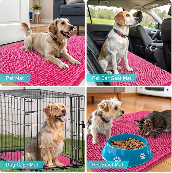 OLANLY Dog Door Mat for Muddy Paws 32x20, Absorbs Moisture and Dirt, Absorbent Non-Slip Washable Doormat, Quick Dry Chenille Mud Mat for Dogs, Entry Indoor Entryway Carpet for Inside Floor, Hot Pink