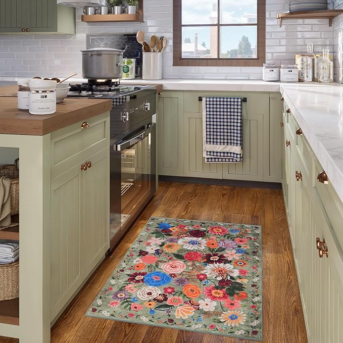 Floral Rug for Entryway, Green 2X3 Washable Kitchen Mat Ultra-Thin Soft, Non-Slip Indoor Door Carpet Stain Resistant Boho Small Low-Pile Throw for Bathroom Bedroom (Green Garden, 2 x 3)