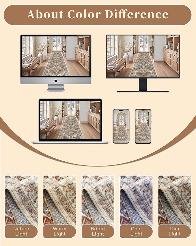 Madane 3x12 Hallway Runner Rug, Non Slip Washable 12ft Runner for Hallways Soft Vintage Kitchen Rugs Low-Pile Thin Floor Carpet Runner for Entryway Bathroom Bedroom, Turmeric/Grey