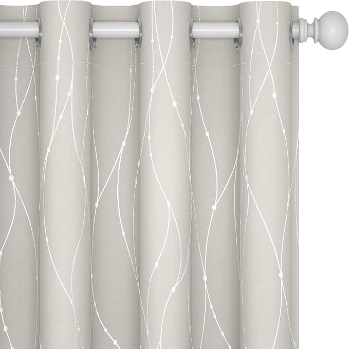 Deconovo Beige Curtains for Living Room, Light Darkening Soundproof Drapes with Wave Dots Silver Print, 52 x 72 Inch Long, Farmhouse Boho Curtain, Set of 2 Window Panels for Bedroom Office Nursery