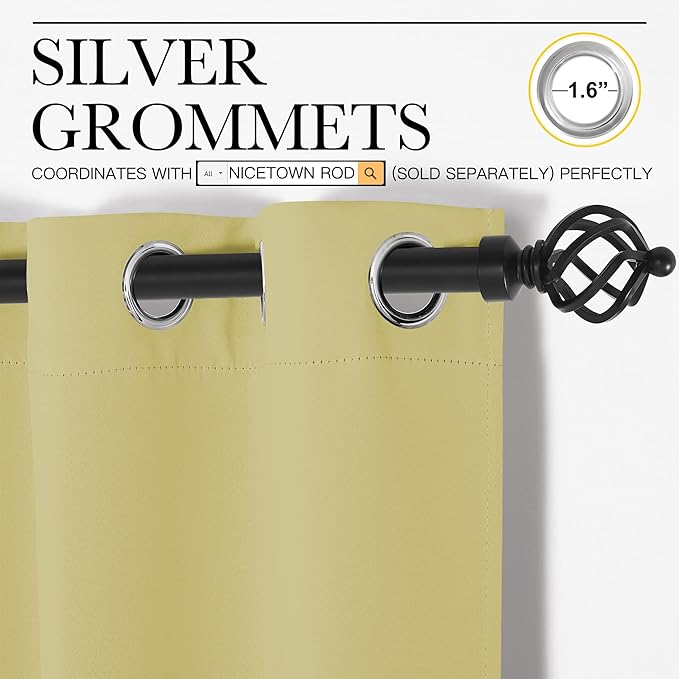 NICETOWN Bedroom Curtains Blackout Drapery Panels, 2 Panels, 70 x 72 inches, Paler Yellow, Three Pass Microfiber Thermal Insulated Solid Ring Top Blackout Window Curtains/Drapes