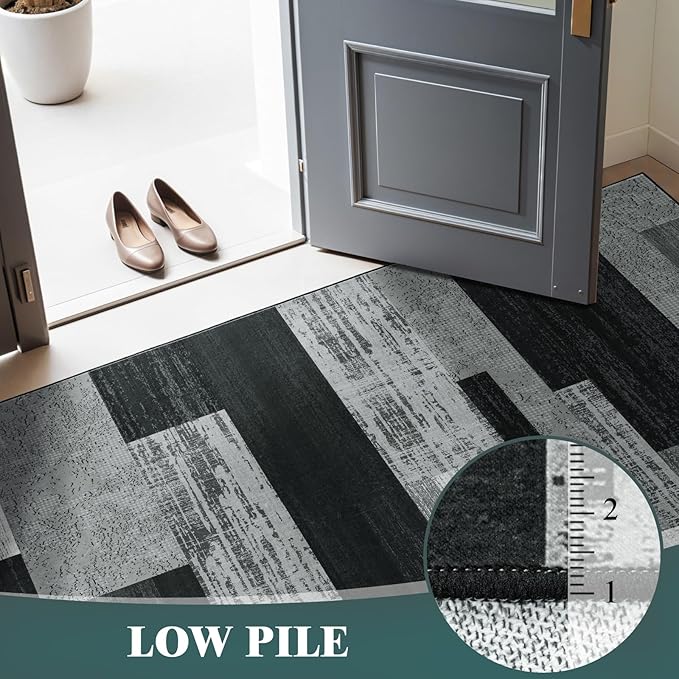 LIANLAM 9x12 Washable Area Rugs for Living Room and Bedroom, Vintage Checkered Pattern Non-Slip Carpet, Stain Resistant Low Pile Soft Rug for Dining Room,Office,Nursery,Kids Room(9x12,Gray)