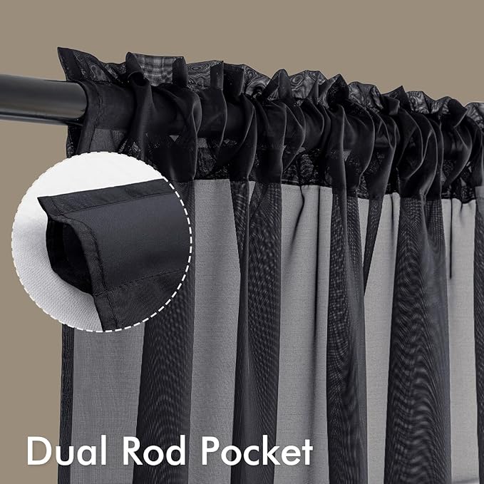 MIULEE Short Sheer Curtains 54 Inches Long, 4 Panels Set, Light Filtering Rod Pocket Curtains for Kitchen/Bathroom Small Windows, 42W x 54 Inches, Black