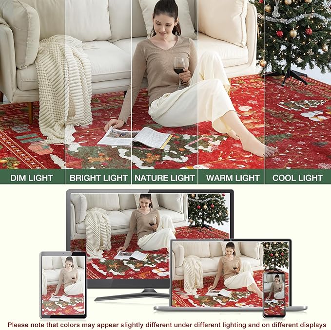 UERMEI Christmas Runner Rug for Hallway: 3x8 Neutral Modern Festive Low Pile Soft Thin Indoor Carpet for Bedroom Kitchen Mat Kids Room Holiday Decor - Red