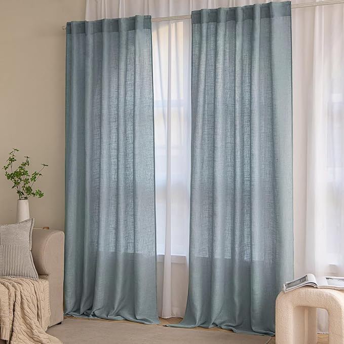MIULEE Dusty Blue Linen Curtains 72 Inch Length 2 Panels for Bedroom Living Room, Soft Thick Linen Textured Window Drapes Semi Sheer Light Filtering Back Tab Rod Pocket Burlap Look Light Blue Decor