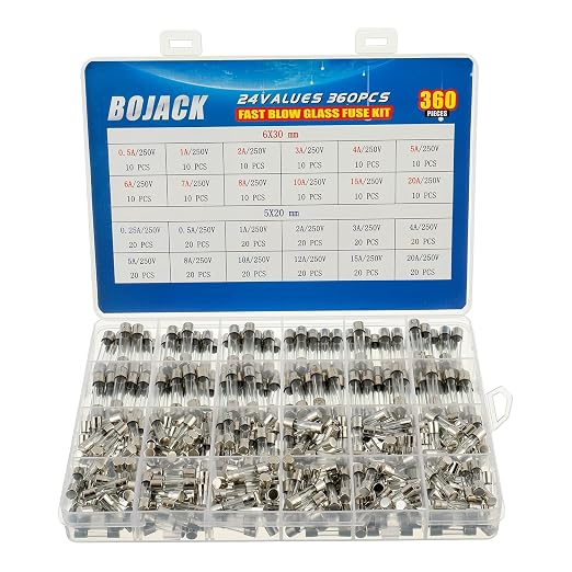 BOJACK 24 Values 360 pcs Fast-Blow Glass Fuses Assortment Kit 5x20mm 250V 0.25 by BOJACK