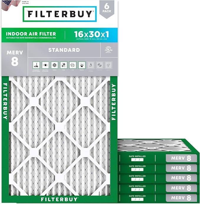 Filterbuy 16x30x1 Air Filter MERV 8 Essential Dust & Allergy Defense, by Filterbuy