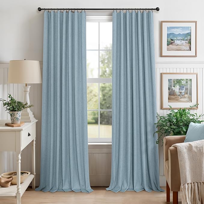 Light Blue Curtains for Bedroom 63 Inch Length 2 Panels Neutral Linen Textured Full Blackout Room Darkening Noise Reducing Curtain for Bay Window Kids Room Boys Nursery Dusty Slate Stone Blue 63 Long