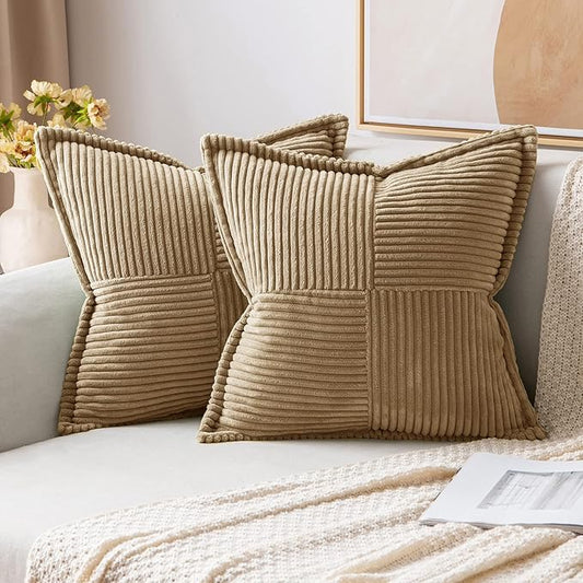 MIULEE Decorative Throw Pillow Covers for Couch Bed Livingroom 12x12 Inch Set of 2 Khaki Boho Accent Throw Pllows Broadside Striped Patchwork Soft Corduroy Pillowcases