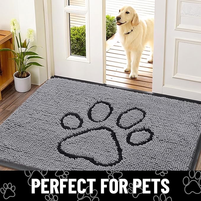 Smiry Dog Door Mat for Muddy Paws, Absorbent Dirt Trapper Non Slip Quick Dry Washable Chenille Mat for Mud Dogs, Entry Rug for Indoor and Outdoor (70x32 Inches, Grey and Black)
