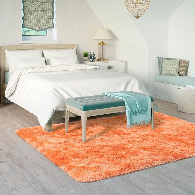 Goideal Fluffy Rug for Bedroom Living Room, 6x9 Orange Area Rugs, Faux Fur Shag Modern Carpet Ultra Soft Girls Boys Room Home Decor, Tie-Dyed