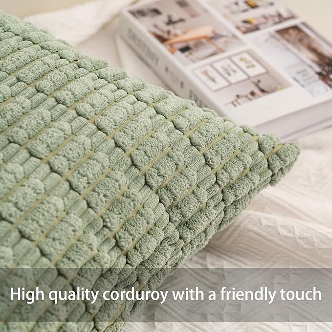 Pack of 2 Corduroy Decorative Throw Pillow Covers 22x22 Inch Soft Striped Pillow Covers Modern Farmhouse Home Decor for Sofa Living Room Couch Bed（Sage Green）