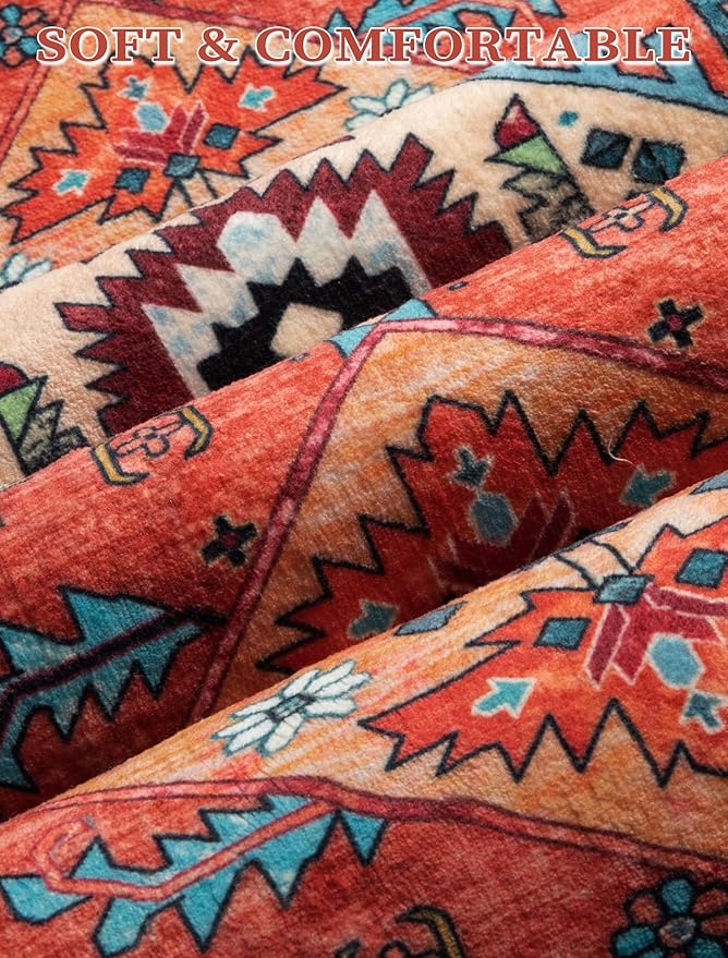 SERISSA Boho Washable Runner Rug, 2x5 Rug Runner Non-Slip Vintage Orange Hallway Kitchen Runner Rug Ultra Soft Print Distressed Tribal Floor Carpet Runner for Bedroom Bathroom Laundry Living Room