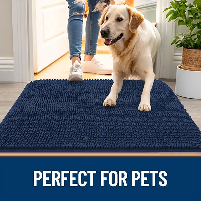 OLANLY Dog Door Mat for Muddy Paws 45x27, Absorbs Moisture and Dirt, Absorbent Non-Slip Washable Doormat, Quick Dry Chenille Mud Mat for Dogs, Entry Indoor Entryway Carpet for Inside Floor, Dark Blue