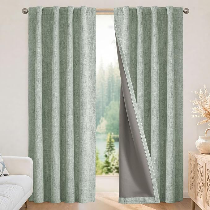 Joydeco Linen Blackout Curtains for Bedroom - 100% Light Blocking 1 Panels, Sage Green Drapes 70" W x 108" L, Thermal Insulated Room Darkening Curtains for Living Room, Rod Pocket & Back Tabs