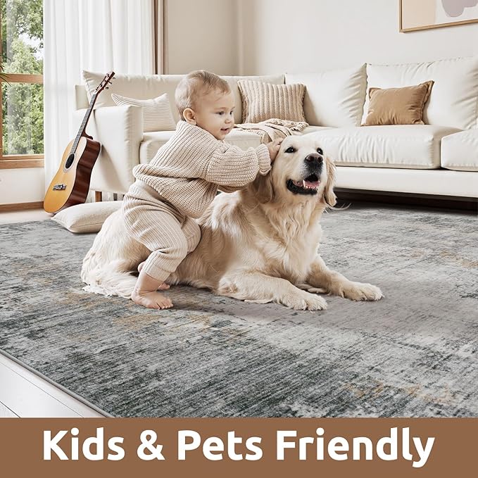 AMOAMI 2 x 10 Hallway Runner Rug Non Slip Super Soft Long Runner Rugs Machine Washable Low Pile Modern Abstract Runners for Hallways for Bedroom Laundry Room Kitchen, Grey