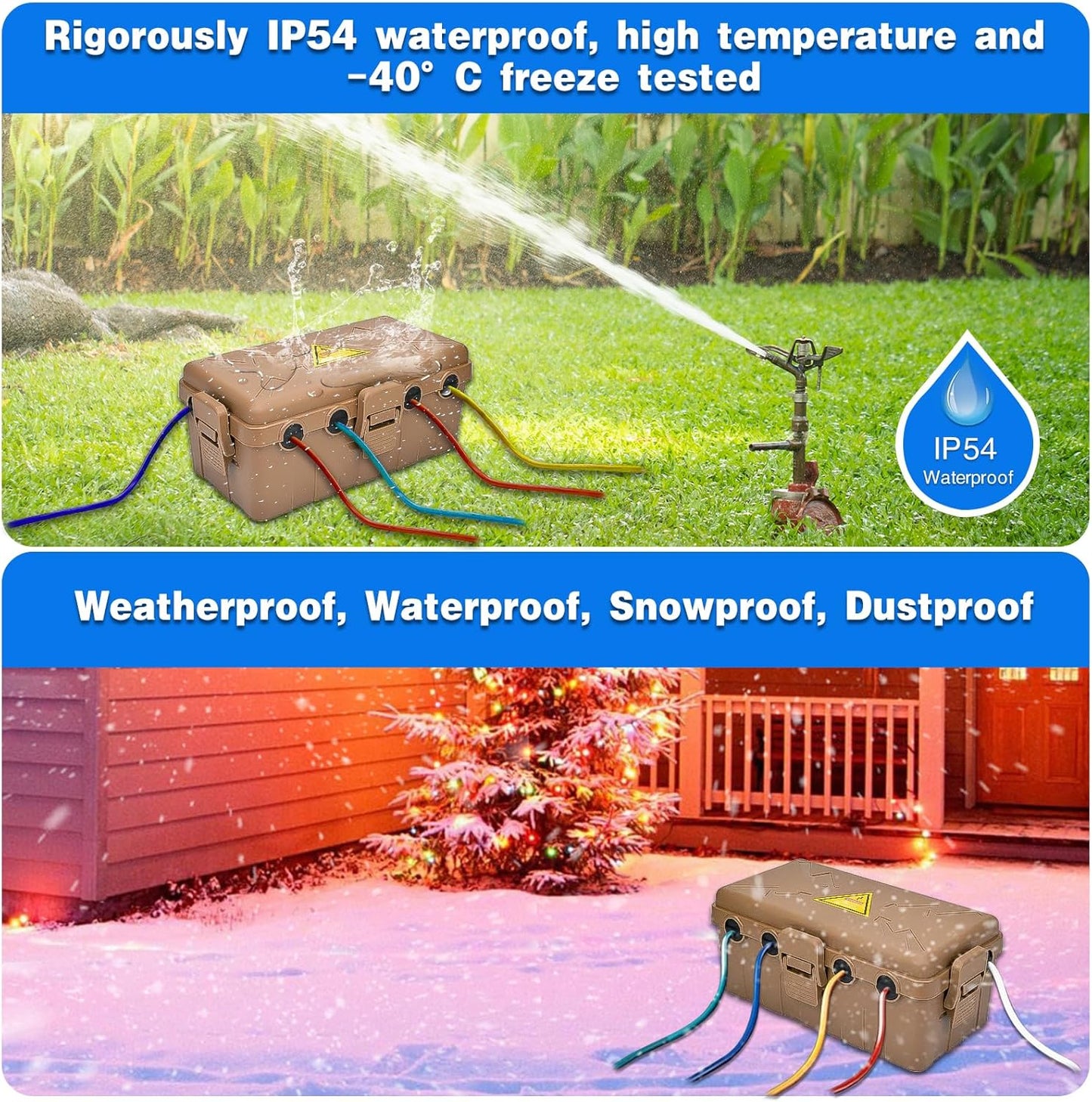 Hrensaw Medium Outdoor Electrical Box(10.6x5.5x4.5inch),Weatherproof Connection Box w/6 Cable Entry,IP54 Waterproof Extension Cord Cover Protect Power Strip,Timer,Plug,Holiday Lights,Brown