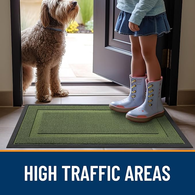 OLANLY Front Door Mat Indoor Outdoor Entrance, Waterproof All-Season, All-Weather Doormat, Sturdy Natural Rubber, Low Profile, Easy Clean Patio Porch Entryway Mat, 29.5x17, Classic Green