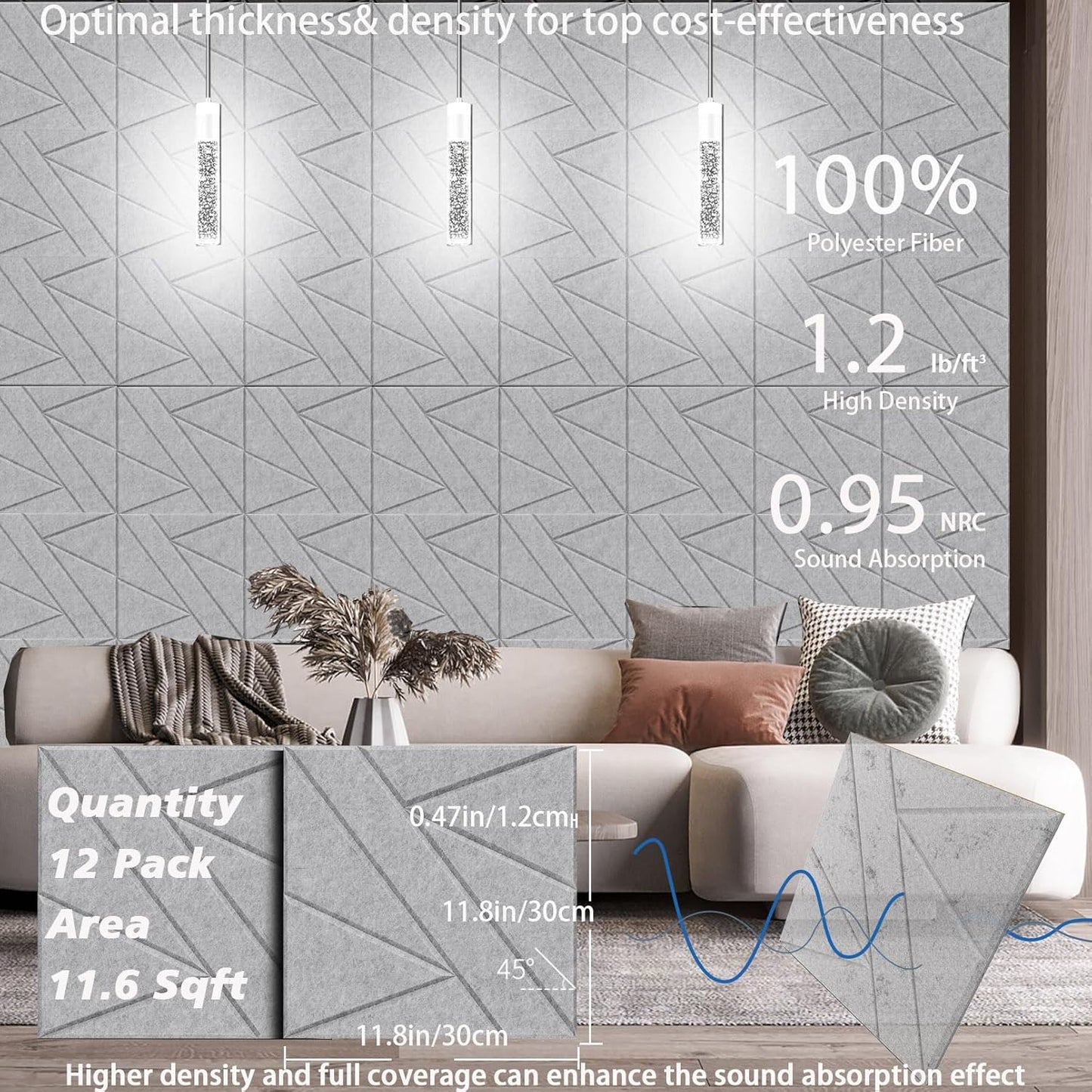 12 Pack Self-Adhesive Soundproof Wall Panels, 12 x 12 x 0.47 In Sound Proof Foam Panels for Walls, 1.2lb/ft³ High Density, Thicker 0.47in, Acoustic Panels, Noise Dampening Panels Studio Gray