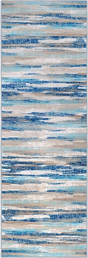 Lansny Modern Abstract Runner Rug 2.6x18, Blue Washable Long Kitchen Runner Non-Slip Soft Hallway Rug Runner Thin Print Faux Wool Carpet for Entryway Bedroom Laundry Room Indoor Home Decor